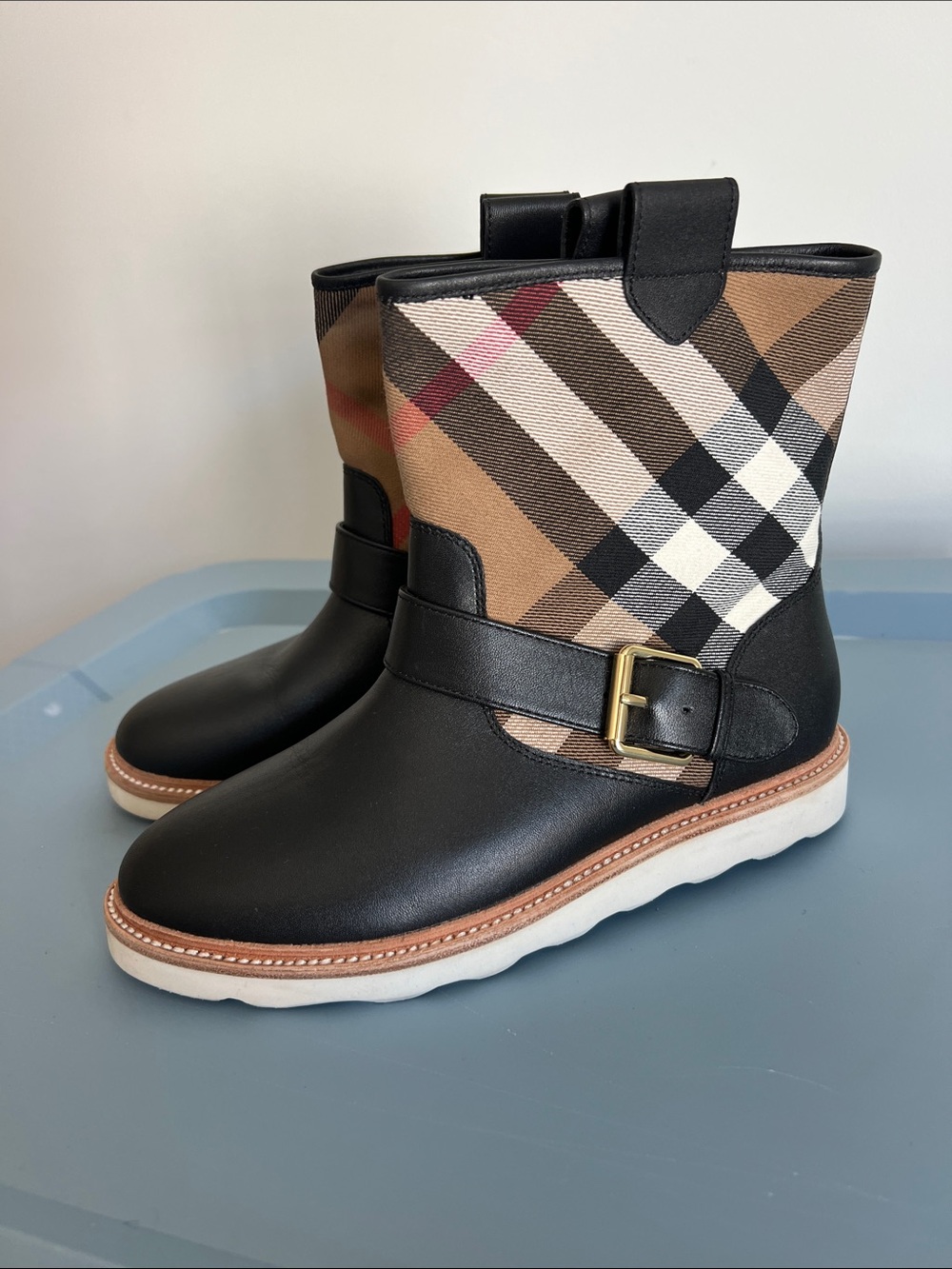 Burberry check checkered print plaid ankle boots booties black tan red white 35
